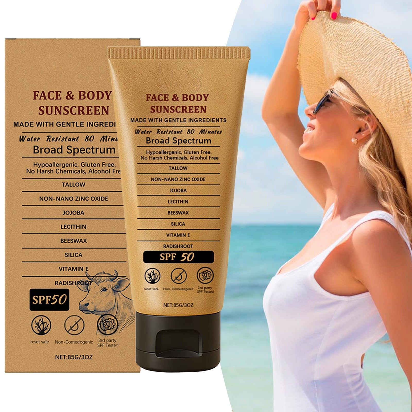 Sky Tallow Sunscreen Non Greasy Organic Natural Sol Beef Tallow for Skin and Face Grass Fed Unscented Summer Outdoor Formula, 1pc