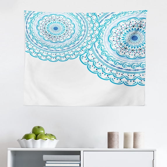 Sky Tapestry, Theme Clouds Smiling Sun Airplanes and Balloons Illustration Print, Fabric Wall Hanging Decor for Bedroom Living Room Dorm, 2 Sizes, Yellow and Pale Blue, by Ambesonne