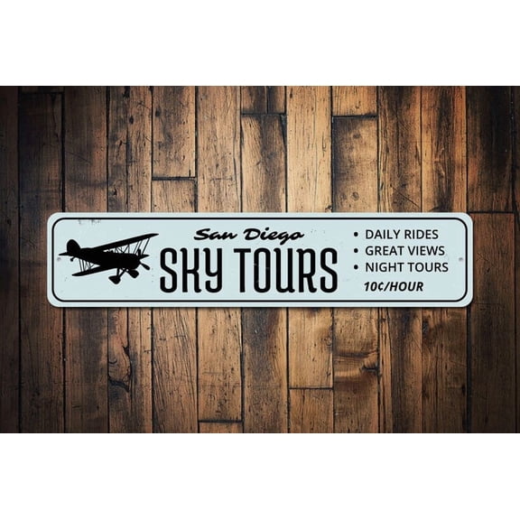 Sky Tours Sign Pilot Location City Name Gift Custom Airplane Rides 10 Cent/Hour Man Cave Decor Man Room - Size: 16 x 4 Inches