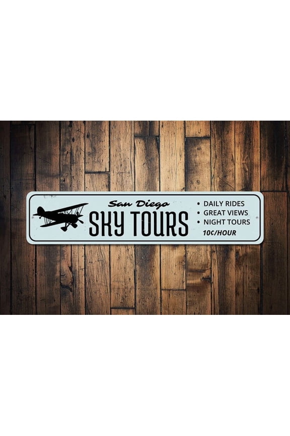 Sky Tours Sign Pilot Location City Name Gift Custom Airplane Rides 10 Cent/Hour Man Cave Decor Man Room - Size: 16 x 4 Inches