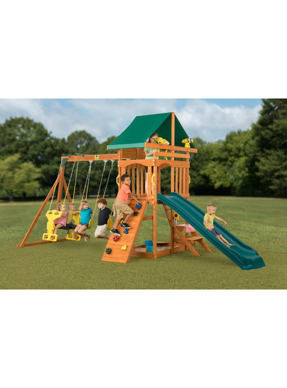 Sky View Cedar Backyard Playset | W: 17'10" D: 9'4" H: 9'9" | w/2-Person Glider & 2 Belt Swings | Binoculars, Steering Wheel & Telescope | Kids Age 3-12 | ASTM Standards | 10-Year Warranty on Wood