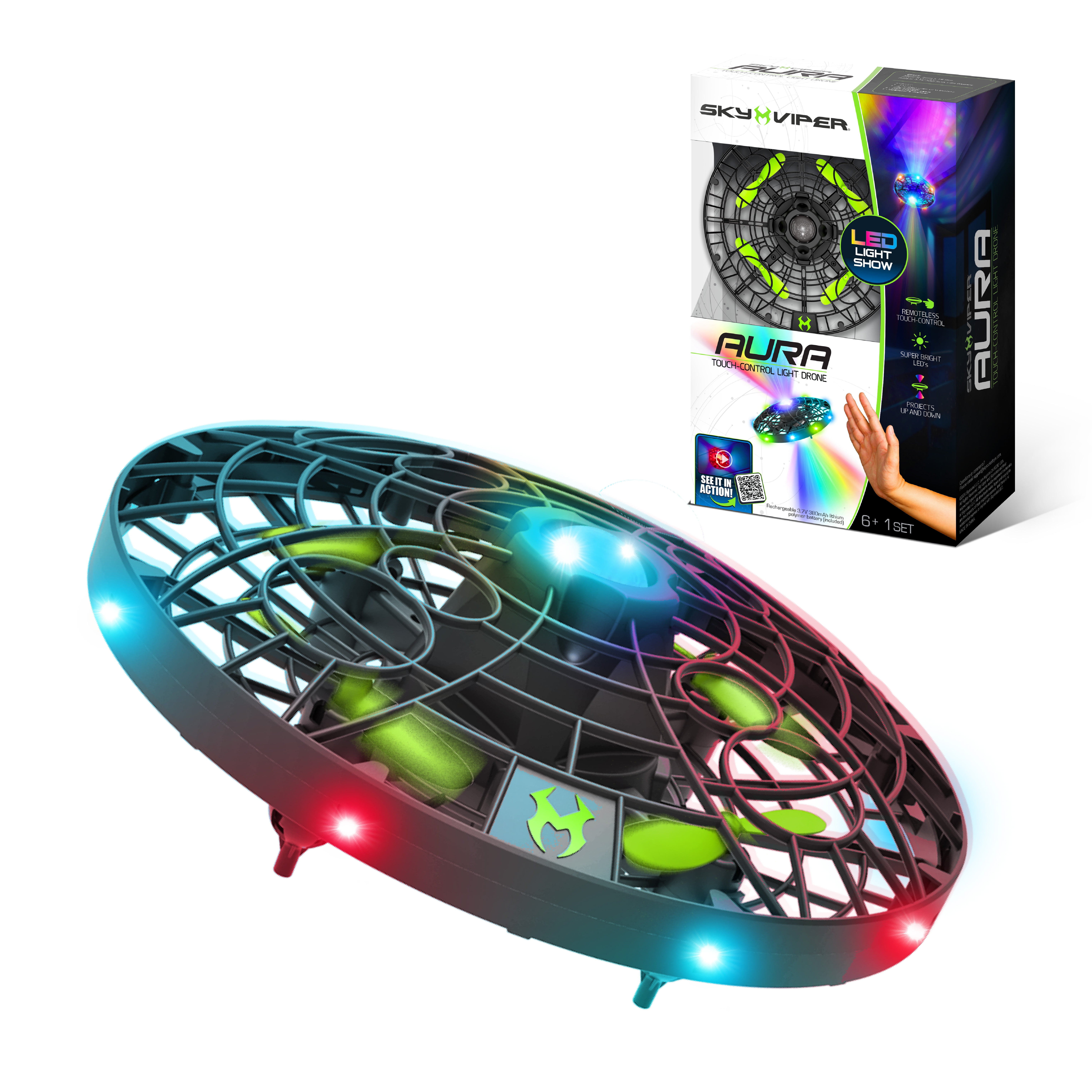 Sky Viper Aura Touch-Control Light Drone, Remoteless Push-to-Fly for Kids, Indoor Safe, Built-in Rechargeable Battery