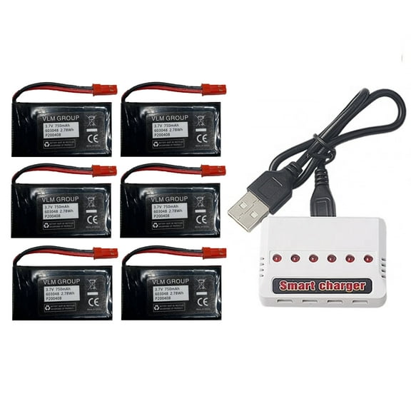 Sky Viper Drones Compatible Set of 6 Batteries 3.7V 1200mAh and Smart Charger Works for Any Model