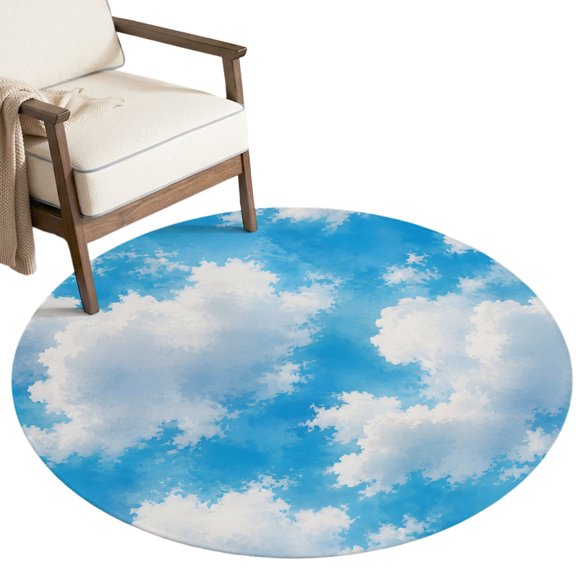 Sky White Clouds Round Area Rug 5ft,Living Room Rug Non-Slip Washable Circle Rugs Pad,Clear Weather Soft Floor Carpet for Bedroom Dining Room