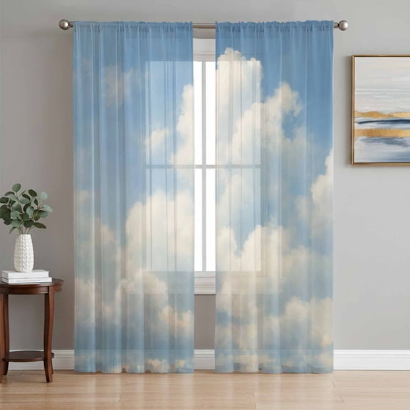 Sky White Clouds Sheer Curtains 84 Inches Long, Modern Simple Nature Landscape Blue Light Filtering Window Curtains for Living Room, Rod Pocket Voile Sheer Curtain Drapes, 52"W x 84"L, 2 Panels