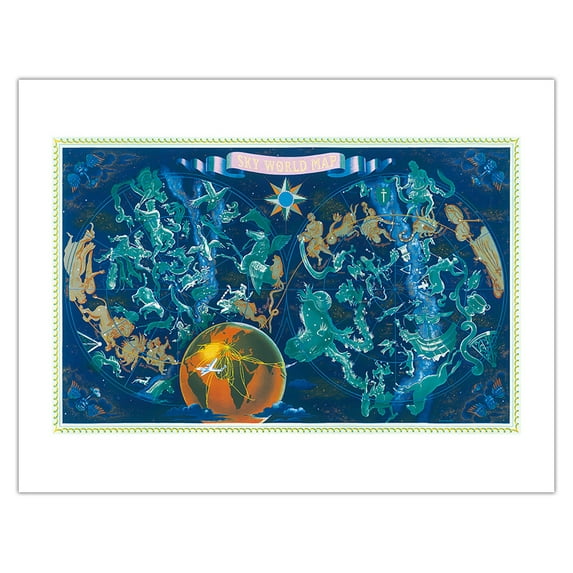 Sky World Map - Constellation Zodiac - Planisphere - Vintage Airline Travel Poster by Lucien Boucher - Bamboo Fine Art 290gsm Paper (Unframed) 17x22in