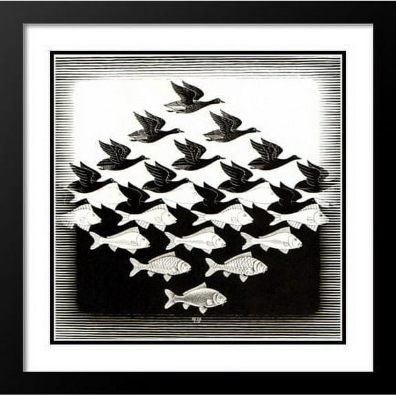 Sky and Water I 25x25 Framed and Double Matted Art Print by M.C. Escher