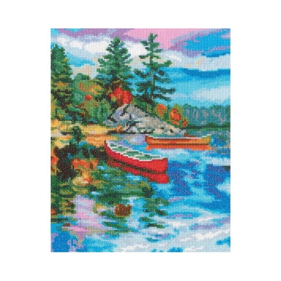 Wizardi Counted Cross Stitch Kit Sky Reflection M975 - Mountain Lake Landscape Design, 14ct White Zweigart Aida DMC 40 Colors Floss, Needle, Chart, 8.07x9.84 Beginner Kit for Adults RTO