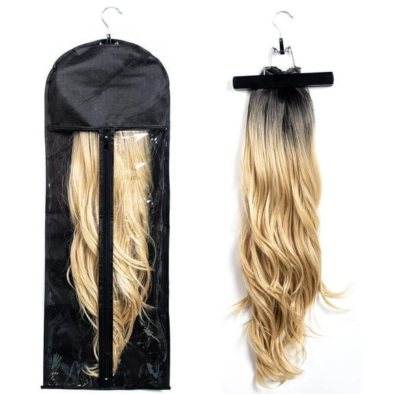 SkyAuks 1 Pack Extra Long Hair Extension Holder Wig Storage Bag with Hanger Hairpieces Ponytail Bundles Storage Carrier Case for Store Style Hair Travel Hair Extensions Bag （Black, Extra Long）