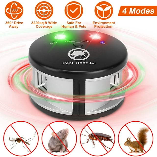 SkyAuks 360° Ultrasonic Repellent for Effective Pest Control, Plug-in, 4 Modes, 12x12x7.5 cm, 179 g