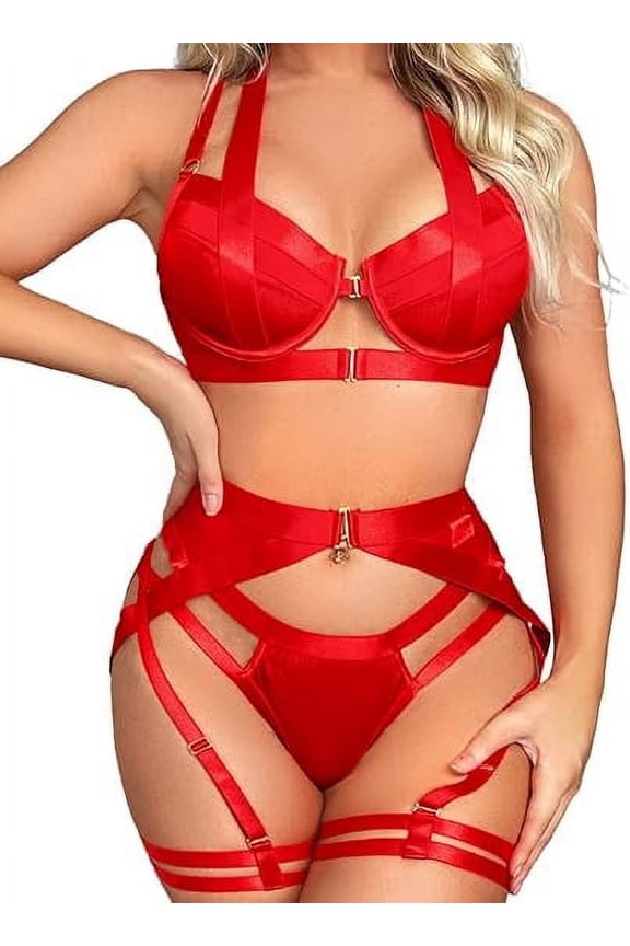 4Pcs Garter Set, Underwire Racerback, Floral Lace Bra and Panty Sets with Underwire, Red, XL
