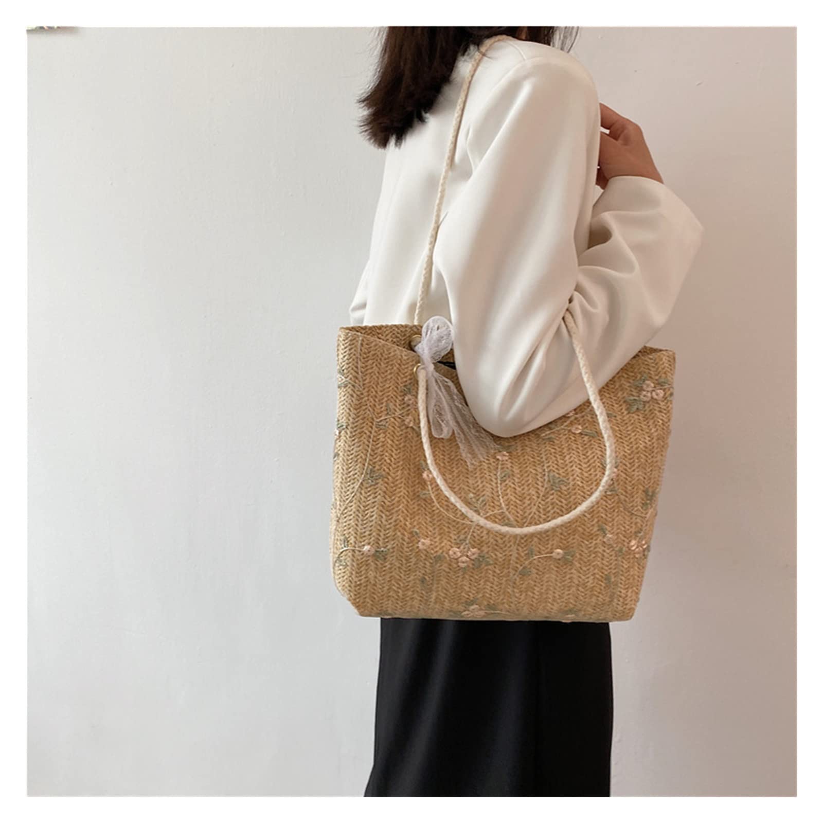 Ann Bully Woven Vegan Leather Tote Bag - Large Retro Handmade Shoulder Bag For Beach, Travel - View #5