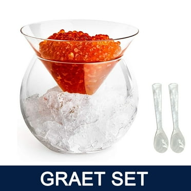 SkyAuks Caviar Servering Set, Glass Chiller Serving Dish with Ice Holder, for Shrimp, Appetizers, Liquor, Martinis and Cocktails, Dishwasher Safe, 5 oz Bowl with 2Pcs Pearl Caviar Spoons 3"