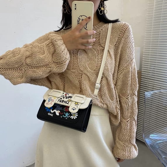 SkyAuks Crossbody Bags for Women, Small Sling Bag for Women, Aesthetic Graffiti Shoulder Bag Mini Backpack Sling Purse Clutch Handbag Ladies Purses, Black