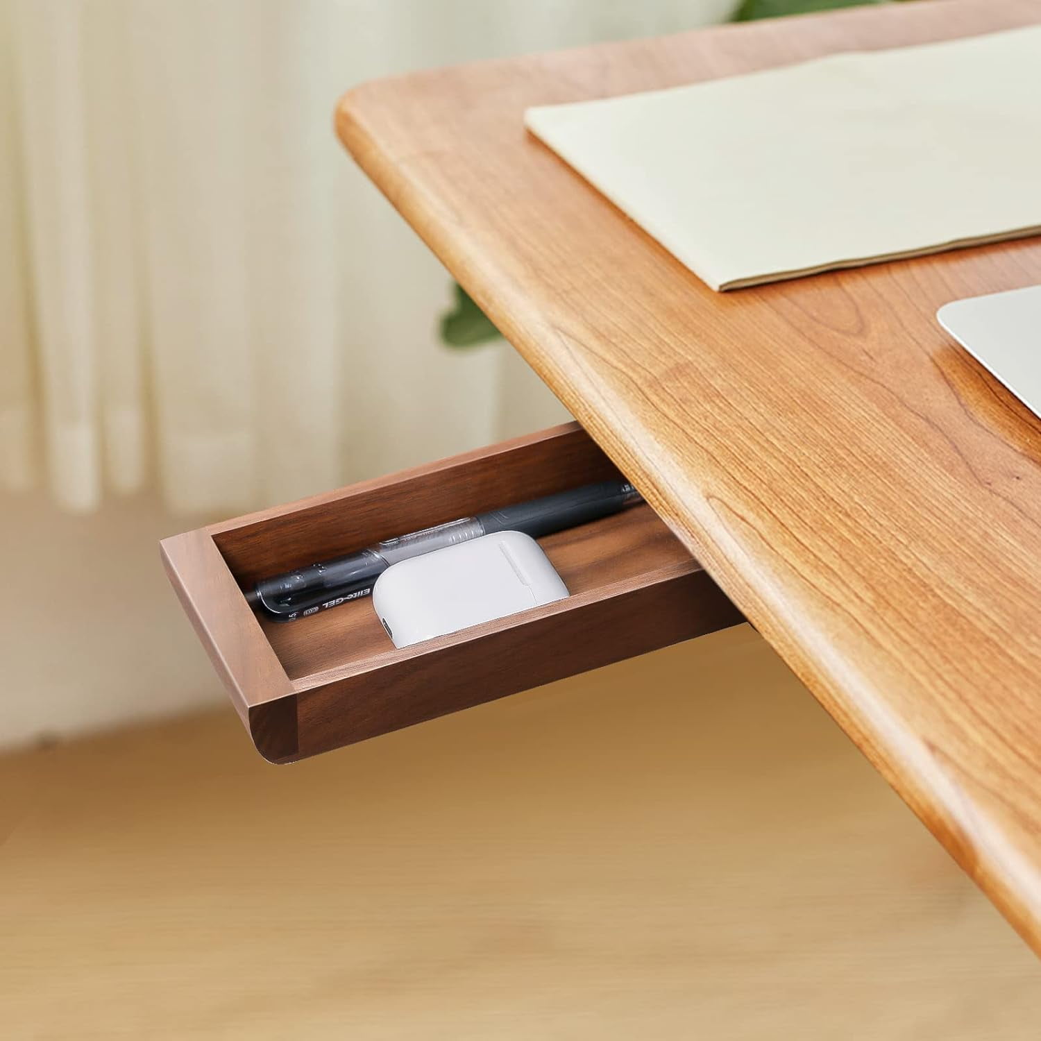 SkyAuks Under Desk Drawer Wood, Self-Adhesive Hidden Drawer Organizer Slide Out, Easy Installation Handmade Under Table Storage, Attachable Pencil Phone Holder For Office Home (Walnut Small)