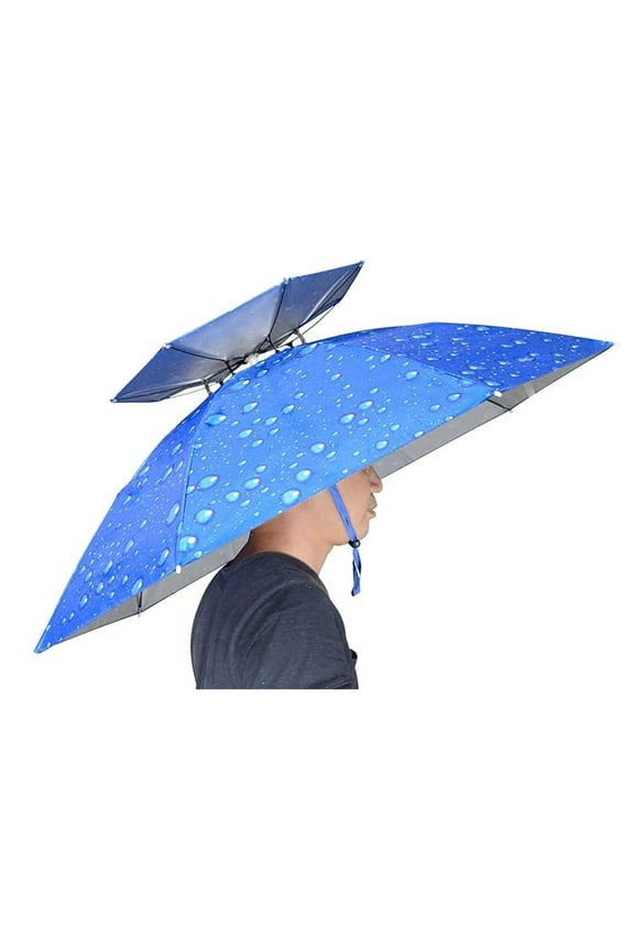 Fishing Umbrella Hat Folding Adjustable Sun Rain Cap, 37.4” Oversize Hands Free Umbrellas, 7- Ribs Anti-UV Waterproof Headwear for Fishing Gardening Golf Sunshade Outdoor, Blue