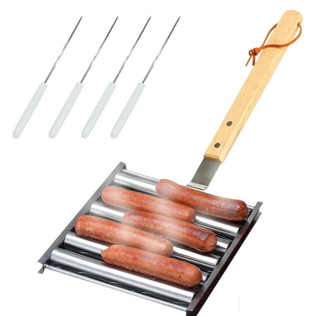 SkyAuks Hot Dog Roller Stainless Steel Sausage Grill Rack with Extra Long Wood Handle Portable Camp Cooking Tools