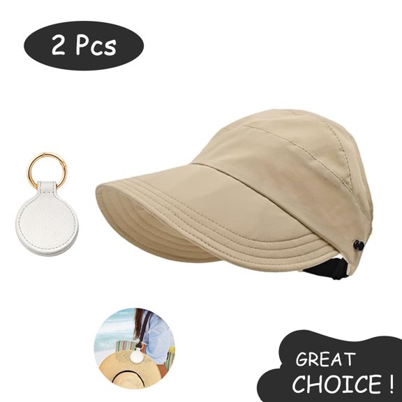 SkyAuks Large Brim Sun Hats for Women with Hat Clip, Hollow Top Summer Beach Cap Sun Caps, Wide Brim UV Sun Visor Cap, Foldable & Packable for Outdoor, Khaki