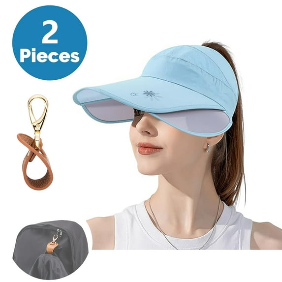 SkyAuks Large Brim Sun Hats for Women with Hat Clip, Sun Protection Hat, Retractable and Elongated Sun Visor Brim Bow Decors Summer Visors for Golf, Hiking, Sky Blue