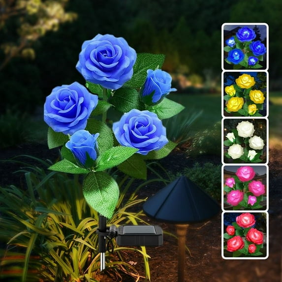 SkyAuks Outdoor Rose LED Solar Flower Light, Outdoor Solar Landscape Lights with 5 Rose Flowers, Waterproof Solar Garden Lights for Patio Yard Pathway Decoration, Blue