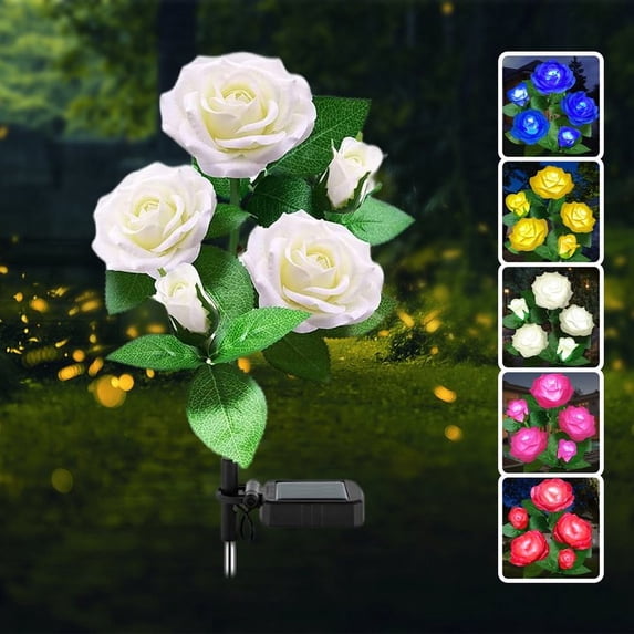 SkyAuks Outdoor Rose LED Solar Flower Light, Outdoor Solar Landscape Lights with 5 Rose Flowers, Waterproof Solar Garden Lights for Patio Yard Pathway Decoration, White