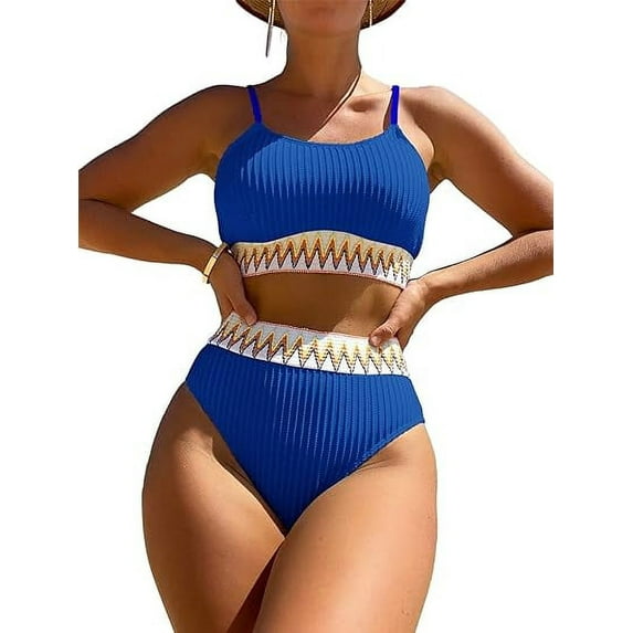 SkyAuks Spandex Swimsuit Set for Women, Ribbed Contrast High Waisted Tummy Control Bikini 2 Piece, Blue, L