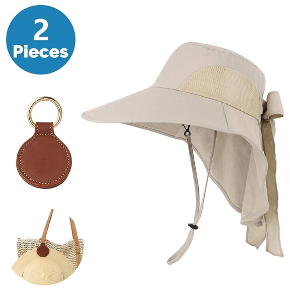 SkyAuks Sun Hats for Women with Hat Clip, Bow Beach Hats with Large Neck Flap, Wide Brim UV Protection Hiking Fishing Gardening Caps, Foldable Waterproof, Light Gray