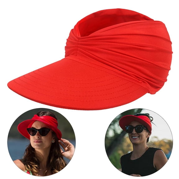 SkyAuks Sun Hats for Women UV Protection, Sun Visors for Women, Beach Visor Cap UV Protection with Wide Brim Packable Summer Sport Ponytail Sun Cap, Red
