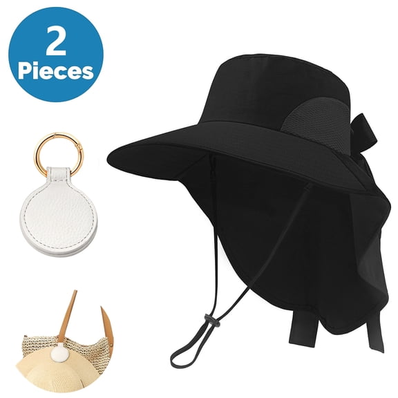 SkyAuks Sun Hats for Women with Hat Clip, Bow Wide Brim UV Sun Visor Hats with Neck Flap, Black