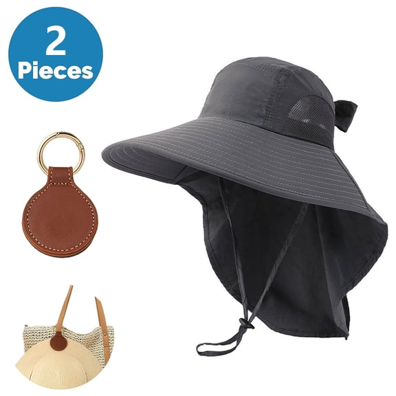 SkyAuks Sun Hats for Women with Hat Clip, Bow Wide Brim UV Sun Visor Hats with Neck Flap, Dark Gray