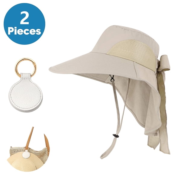 SkyAuks Sun Hats for Women with Hat Clip, Bow Wide Brim UV Sun Visor Hats with Neck Flap, Light Gray