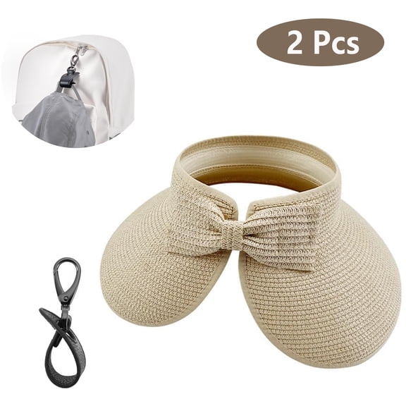 SkyAuks Sun Hats for Women with Hat Clip, Beach Hats for Women, Packable Bow Sun Hat Women, Wide Visor Straw Sun Hat, Foldable Travel Beach Brim Cap, Beige