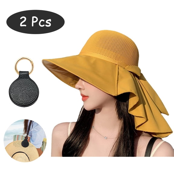 SkyAuks Sun Visor Hats for Women with Hat Clip, UV Protection UPF 50  Large Brim SunBucket Hats, Summer Beach Cap with Neck Flap, Summer Beach Bow Cap Outdoor Travel Foldable Packable, Yellow