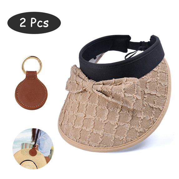 SkyAuks UV Sun Visor Hats for Women with Hat Clip, Empty Top Cap with Bow, Khaki