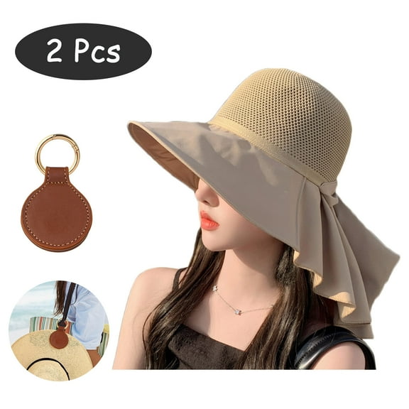 SkyAuks UV Sun Visor Hats for Women with Hat Clip, Packable Beach Bow Cap with Neck Flap, Khaki
