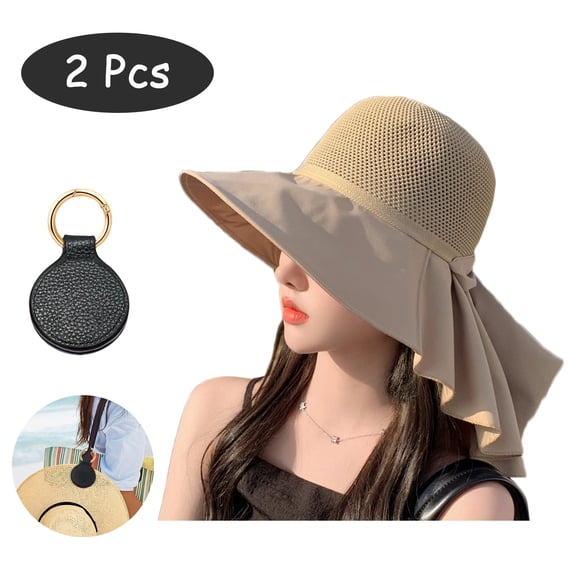 SkyAuks UV Sun Visor Hats for Women with Hat Clip, Packable Beach Bow Cap with Neck Flap, Khaki