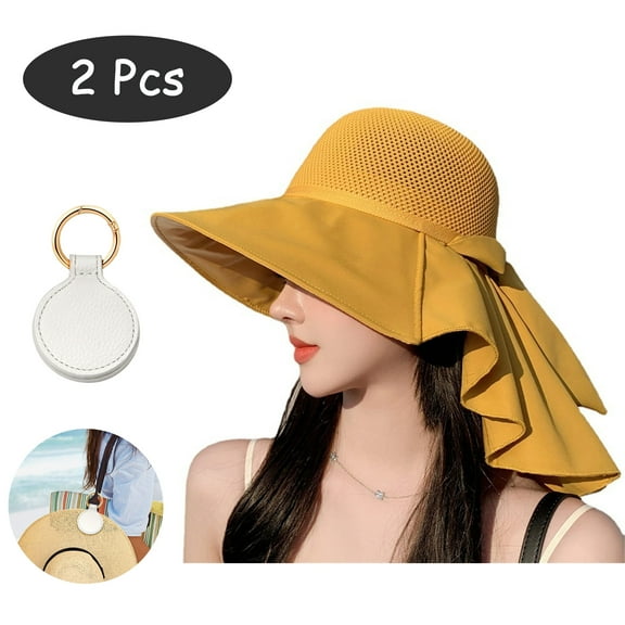 SkyAuks Sun Visor Hats for Women with Hat Clip, UV Protection UPF 50  Large Brim SunBucket Hats, Summer Beach Cap with Neck Flap, Summer Beach Bow Cap Outdoor Travel Foldable Packable, Yellow