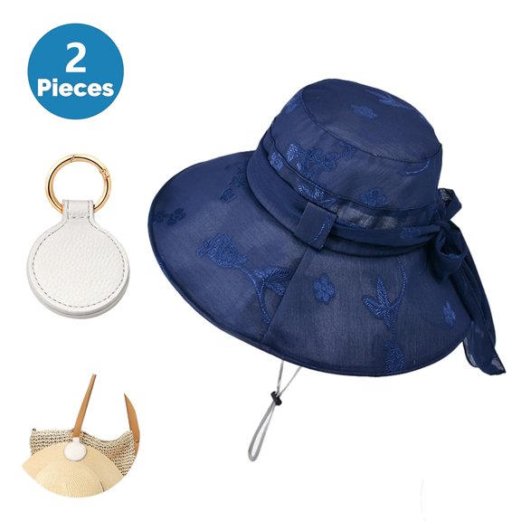 SkyAuks UV Sun Visor Sun Hats for Women with Hat Clip, Wide Brim Bucket Hats with Bow, Navy Blue
