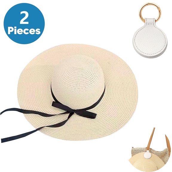 SkyAuks UV Sun Visor for Women with Hat Clip, Foldable & Packable Wide Brim Cap with Bow, Beige