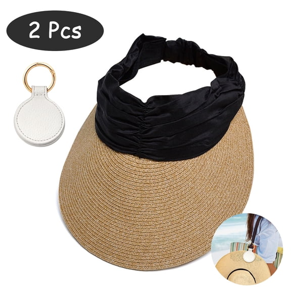 SkyAuks Wide Brim UV Sun Visor Hats for Women with Hat Clip, Foldable Ponytail Cap, Black