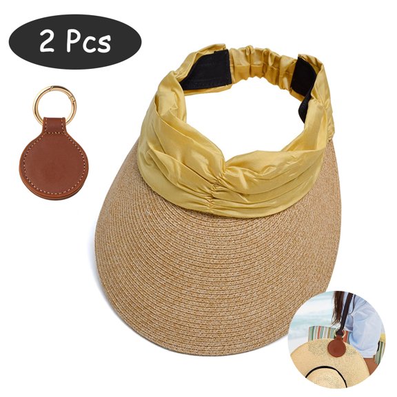 SkyAuks Wide Brim UV Sun Visor Hats for Women with Hat Clip, Foldable Ponytail Cap, Yellow