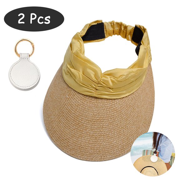 SkyAuks Wide Brim UV Sun Visor Hats for Women with Hat Clip, Foldable Ponytail Cap, Yellow