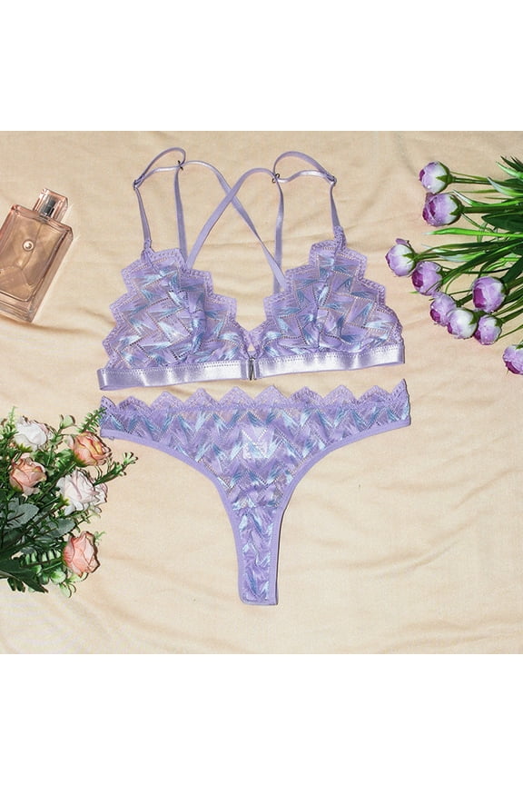 Women's Exotic Lingerie Sets, Mid Rise Criss-Cross Printed 2 Piece Lingerie Set, Purple(S)