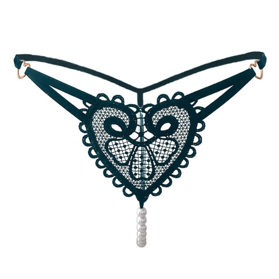 SkyAuks Women's Panties, Thongs for Women, Pearl G-String Panties Heart Print Panties, Low Waist Lace Crochet Hollow Out Briefs, Retro Pearl Love Thong, Green