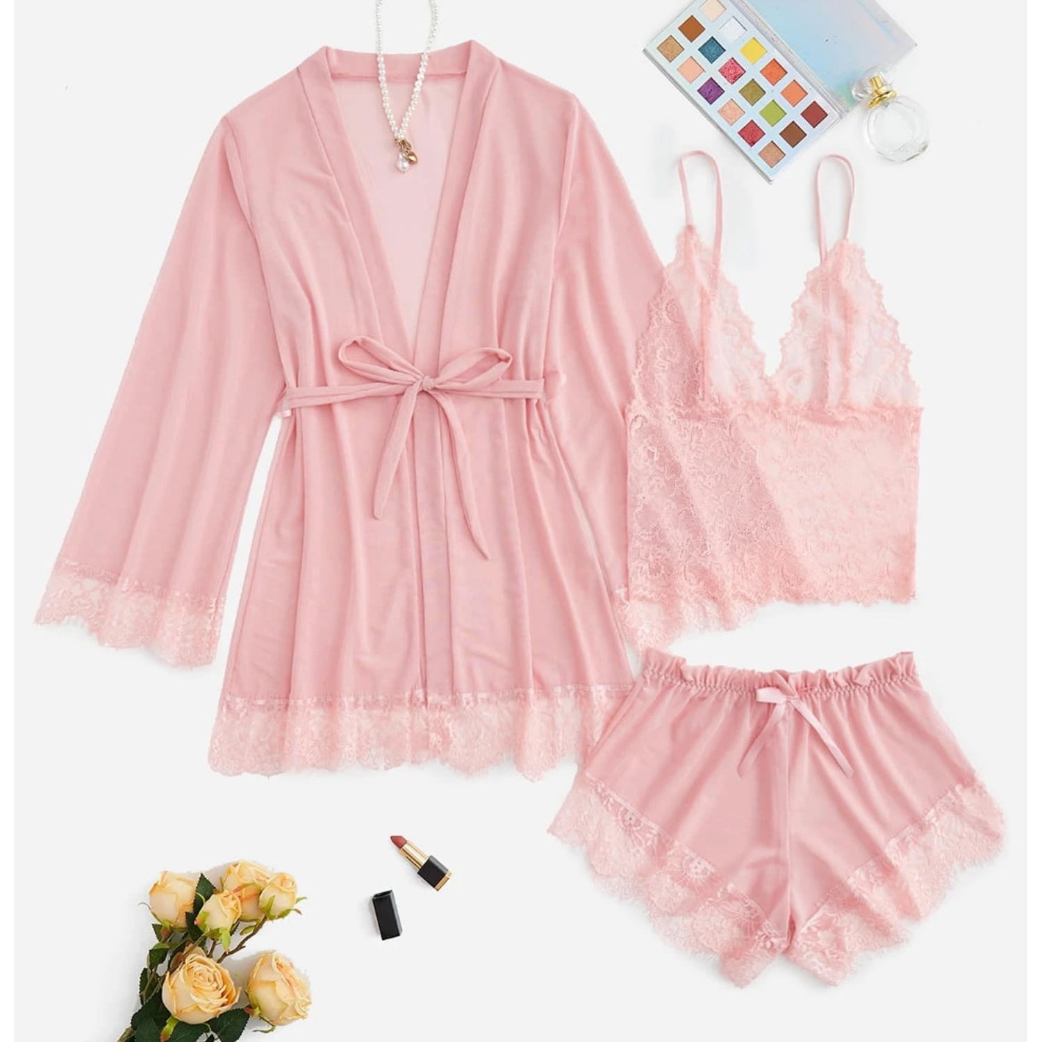 Pink Robe Captain SkyAuks Women's Robes, 3 Pieces Floral Lace Lingerie Set with Robe ...