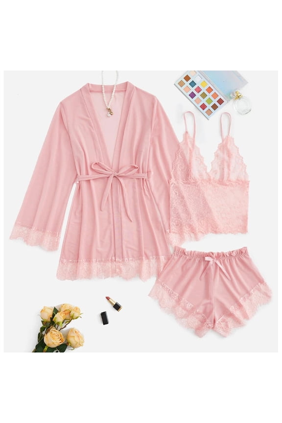 Women's Robes, 3 Pieces Floral Lace Lingerie Set with Robe, Pink(XL)