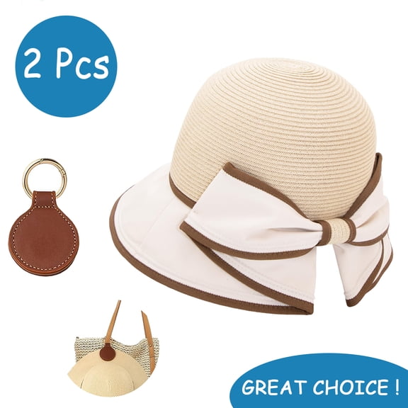 SkyAuks Women's Sun Hats with Hat Clip, Large Brim Slit Sun Bow Knot Summer Straw Sun Hats for Women, Beach UV Protection Sweet Bucket Hats, Beige