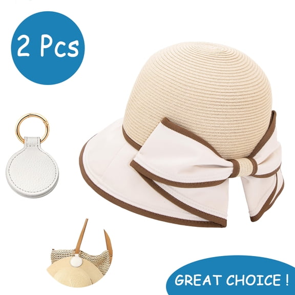 SkyAuks Women's Sun Hats with Hat Clip, Large Brim UV Straw Sun Visor Hat with Bow, Beige