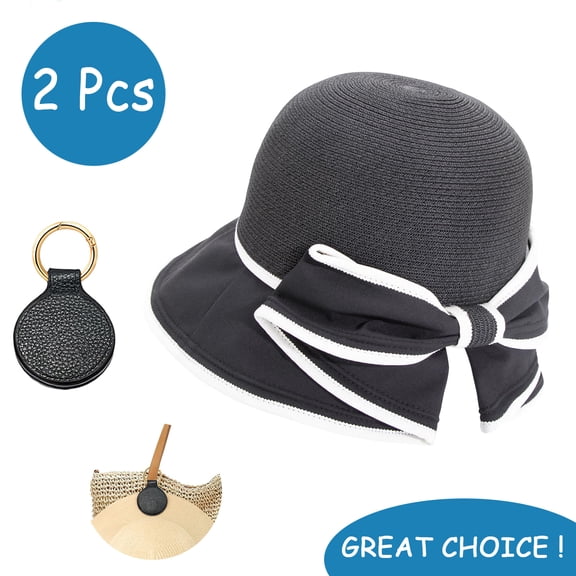SkyAuks Women's Sun Hats with Hat Clip, Large Brim UV Straw Sun Visor Hat with Bow, Black