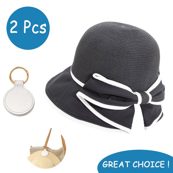 SkyAuks Women's Sun Hats with Hat Clip, Large Brim UV Straw Sun Visor Hat with Bow, Black